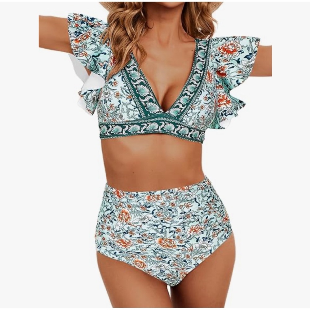 Women Ruffle High Waisted Two Piece Tropical Print Push Up Bathing Suit L NWT